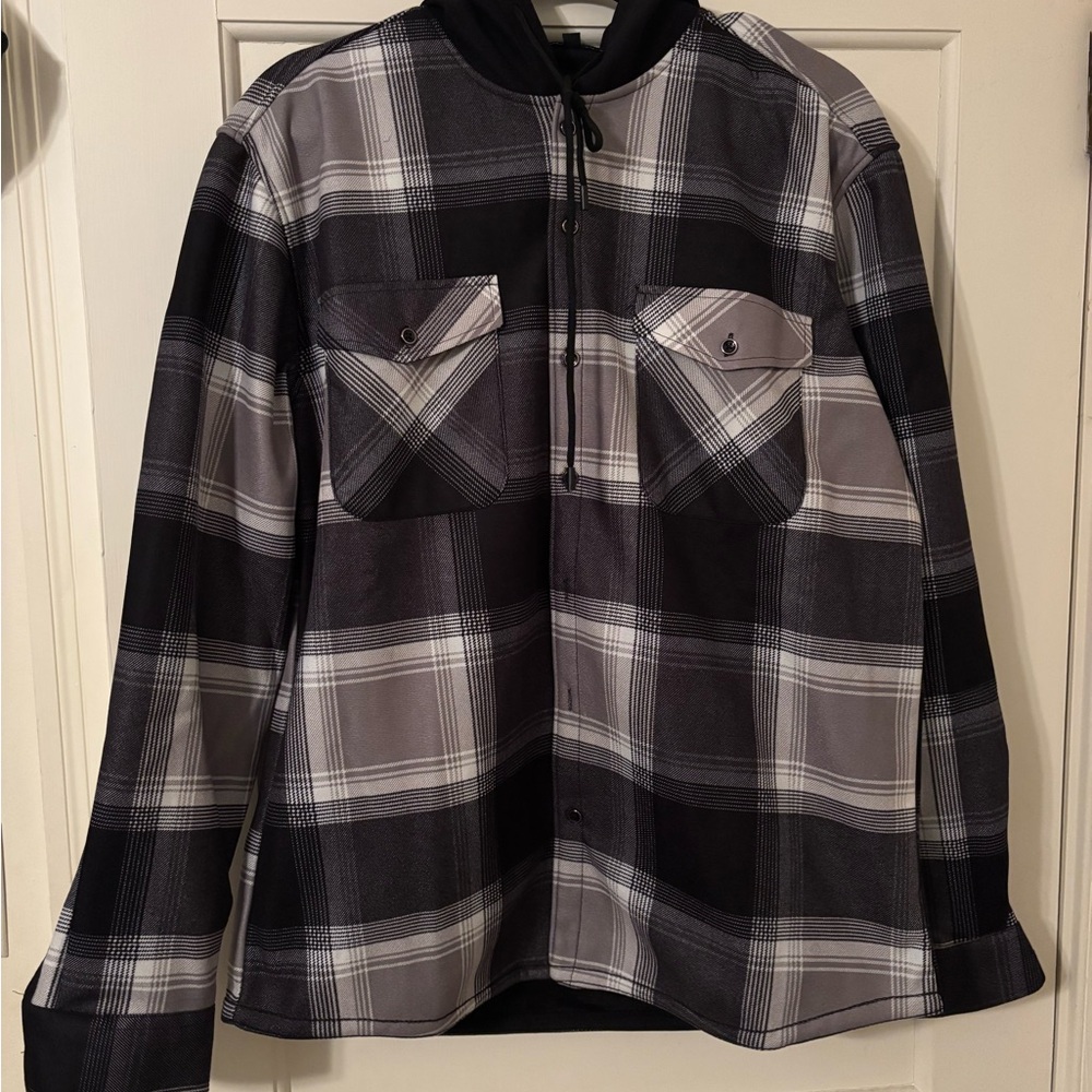 Flannel Fleece Lined Hooded Button Up Shirt
